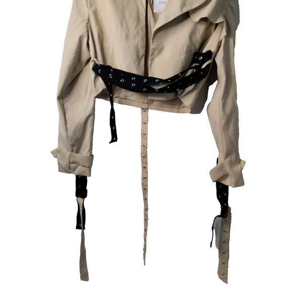 Akira Women M Taupe Crop Trench Jacket Black/Taupe Studded Straps NWT MSRP $80 - Picture 3 of 10